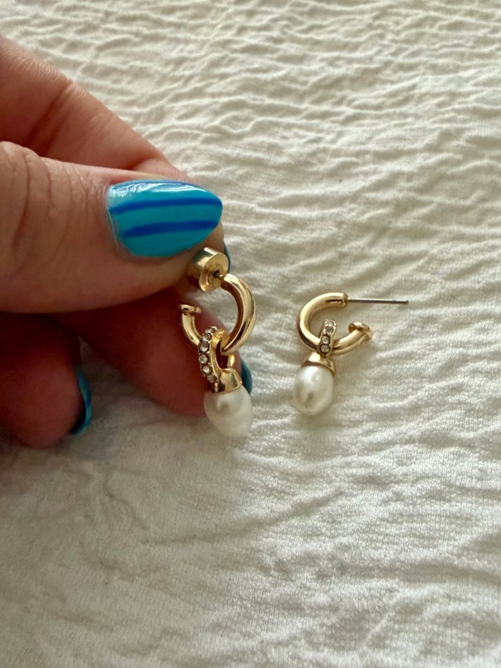 Gold Hoop Earrings with Pearl Drop and Crystal Accent - White/Gold